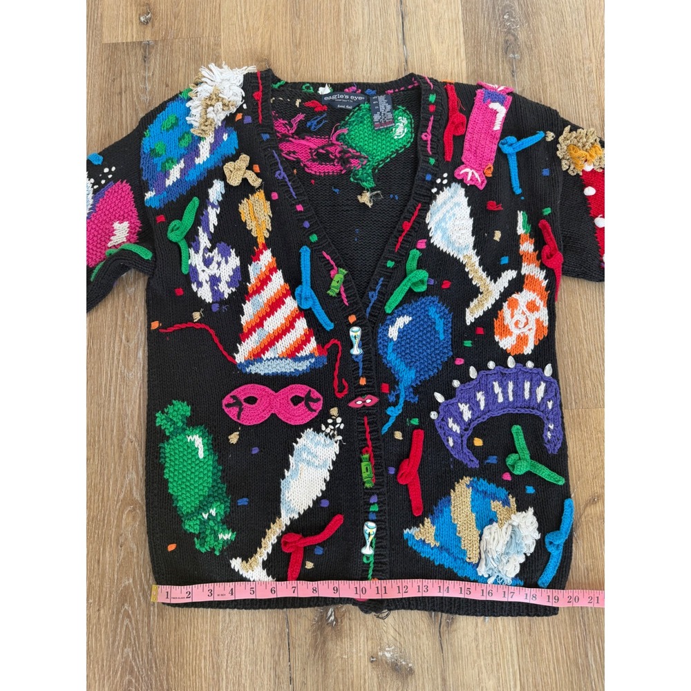 Eagle's Eye Vintage 1994 New Year Party Cardigan Women S Black Hand Knit Novelty - Picture 8 of 9